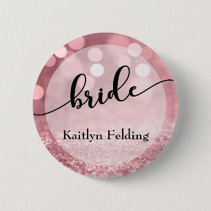 Rose Gold Glitter Bokeh & Typography Bride 1 6 Cm Round Badge