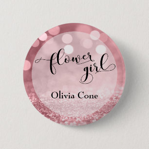 Rose Gold Glitter Bokeh Typography Flower Girl 6 Cm Round Badge