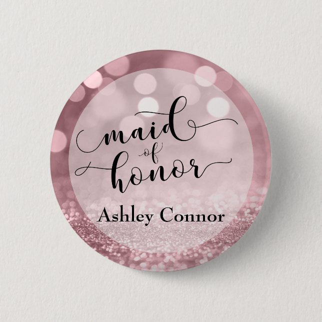 Rose Gold Glitter Bokeh & Typography Maid of Honou 6 Cm Round Badge (Front)