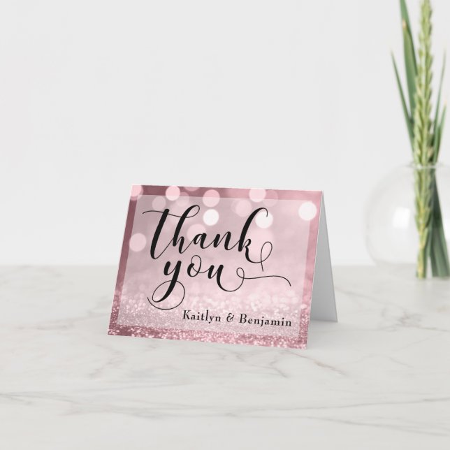 Rose Gold Glitter Bokeh & Typography Thank You 2 Card (Front)