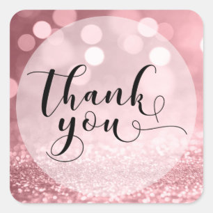 Rose Gold Glitter Bokeh & Typography Thank You 5 Square Sticker