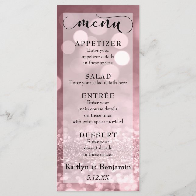 Rose Gold Glitter Bokeh & Typography Wedding Menu (Front)
