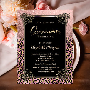 Rose Gold Glitter Border Leopard Quinceañera Invitation