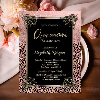 Rose Gold Glitter Border Leopard Quinceañera Invitation