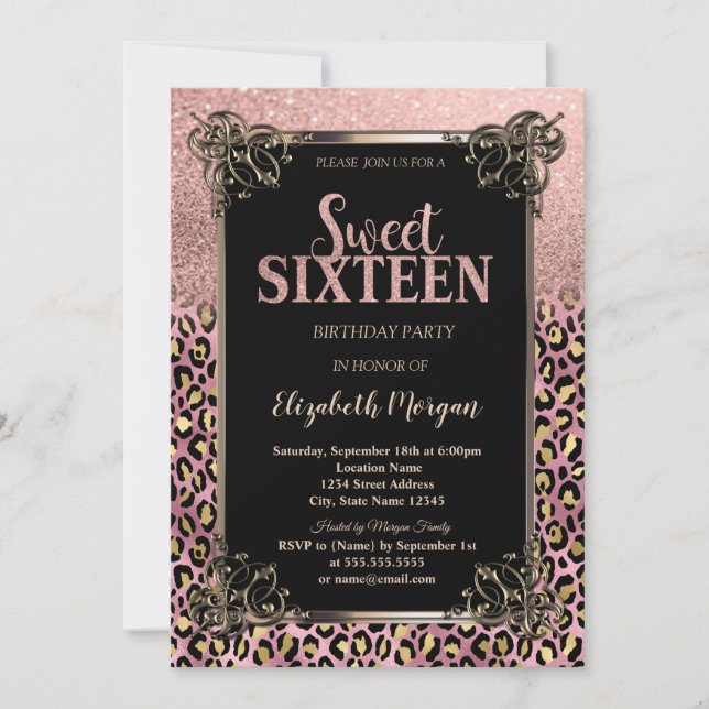 Rose Gold Glitter Border Leopard Sweet 16 Invitation (Front)