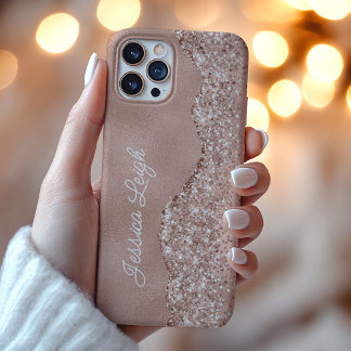 Rose Gold Glitter Border Monogram Name iPhone 16 Pro Max Case