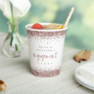Rose Gold Glitter Border Names Engagement Party Paper Cups