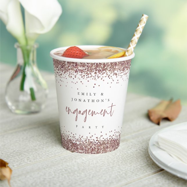 Rose Gold Glitter Border Names Engagement Party Paper Cups (Insitu)