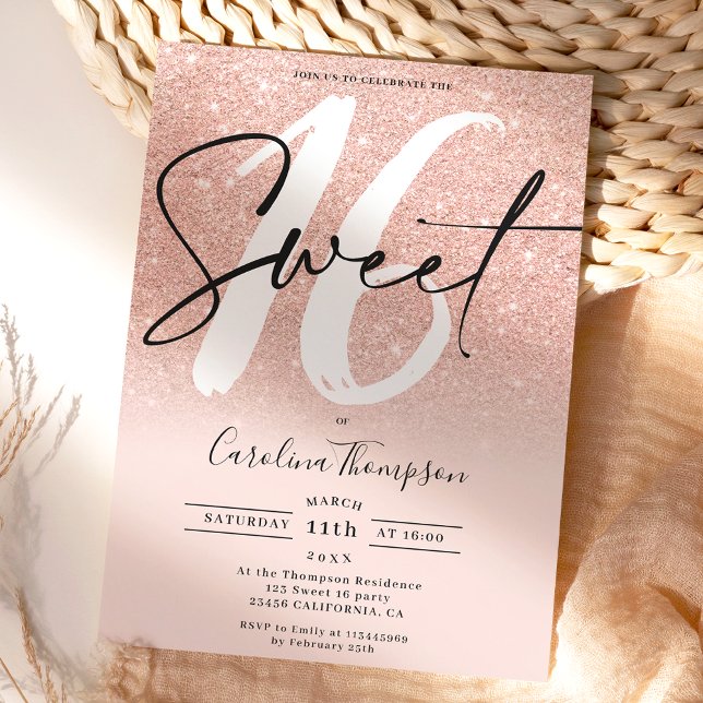 Rose gold glitter border script photo Sweet 16 Invitation (Creator Uploaded)