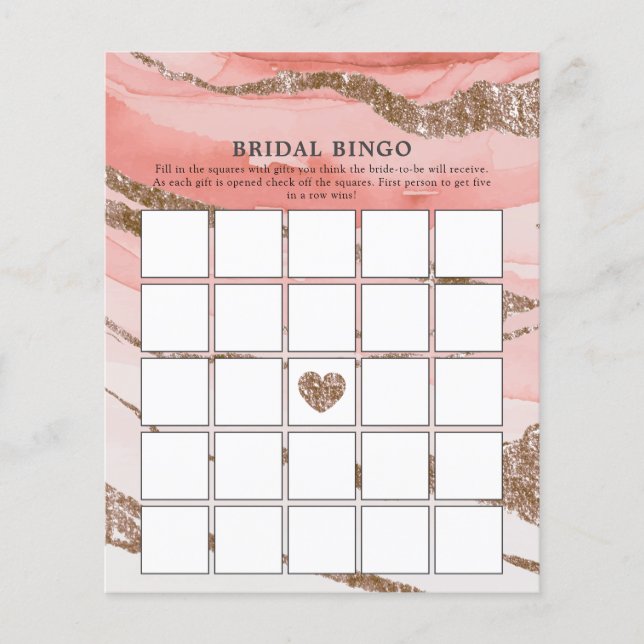 Rose Gold Glitter Bridal Shower Bingo Game (Front)