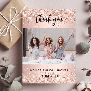 Rose gold glitter bridal shower photo thank you card
