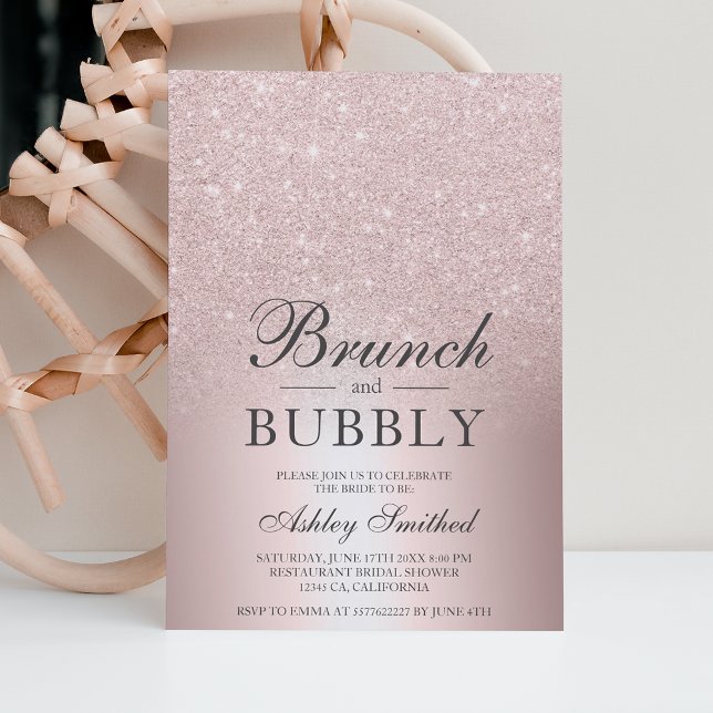 Rose gold glitter brunch bubbly bridal shower invitation (Creator Uploaded)