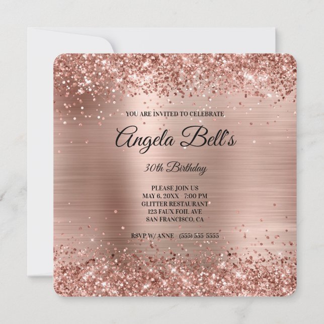 Rose Gold Glitter Brushed Foil Fancy Monogram Invitation (Back)
