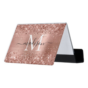 Rose Gold Glitter Brushed Metal Monogram Script Desk Business Card Holder