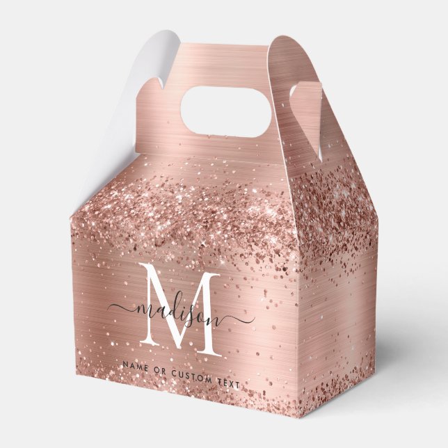 Rose Gold Glitter Brushed Metal Monogram Script Favour Box (Front Side)