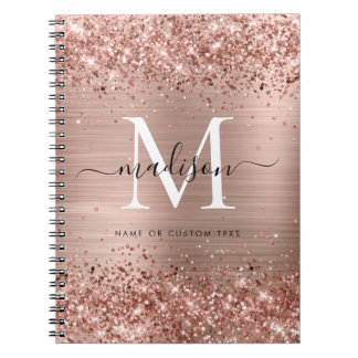 Rose Gold Glitter Brushed Metal Monogram Script Notebook