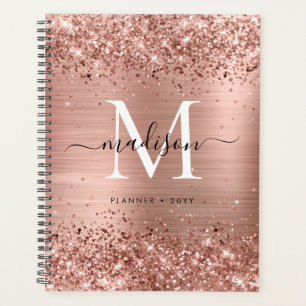 Rose Gold Glitter Brushed Metal Monogram Script Planner