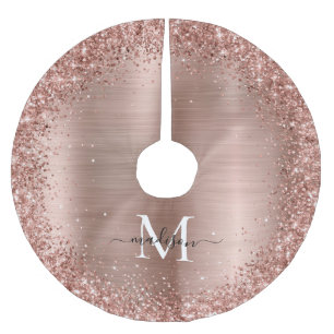 Rose Gold Glitter Brushed Metal Monogram Script Polyester Tree Skirt