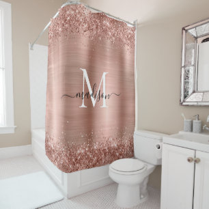 Rose Gold Glitter Brushed Metal Monogram Script Shower Curtain