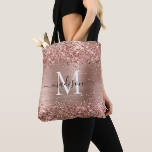 Rose Gold Glitter Brushed Metal Monogram Script Tote Bag