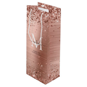 Rose Gold Glitter Brushed Metal Monogram Script Wine Gift Bag