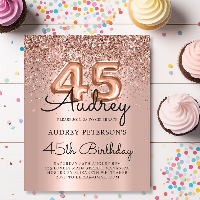 Rose Gold Glitter Budget 45th Birthday Invitation (Creator Uploaded)