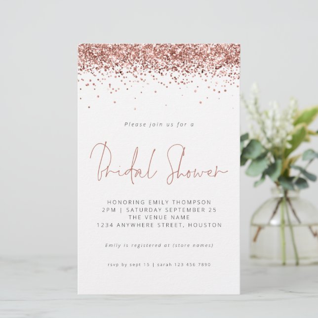 Rose Gold Glitter Budget Bridal Shower Invite (Standing Front)