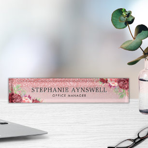 Rose Gold Glitter Burgundy Blush Floral Nameplate