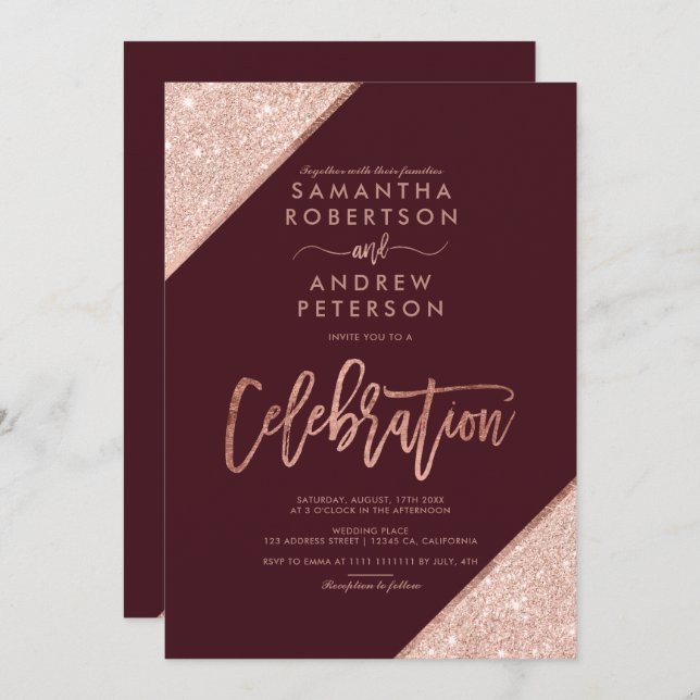 Rose gold glitter burgundy celebration wedding invitation (Front/Back)