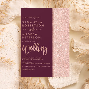 Rose gold glitter burgundy colour block wedding invitation