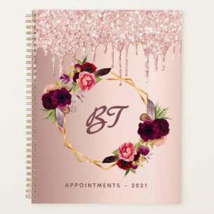 Rose gold glitter burgundy florals monogram 2027 planner