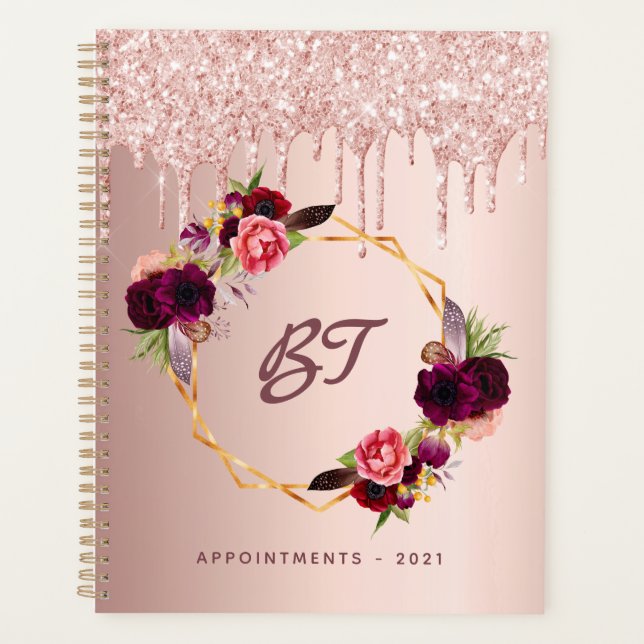 Rose gold glitter burgundy florals monogram 2027 planner (Front)