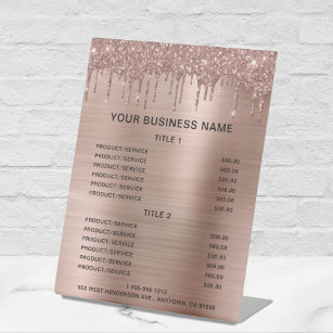 Rose Gold Glitter Business Price List Pedestal Sign