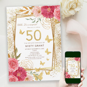 Rose Gold Glitter Butterfies Pink 50th Birthday Invitation