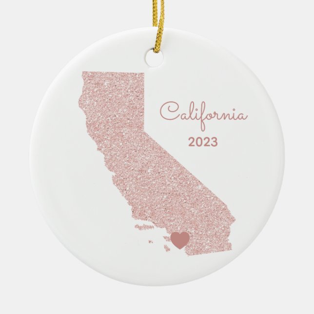 Rose Gold Glitter California Vacation Places Ceramic Tree Decoration (Front)