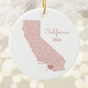 Rose Gold Glitter California Vacation Places Ceramic Tree Decoration
