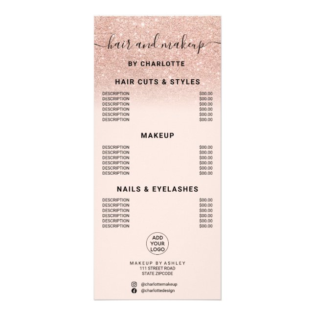 Rose gold glitter calligraphy hair makeup price rack card (Front)