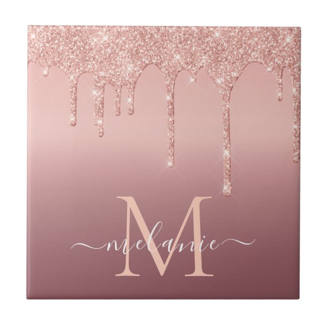 Rose Gold Glitter Ceramic Tile Custom Name Letter (Front)