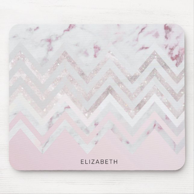 Rose gold glitter chevron pink marble monogram mouse pad (Front)