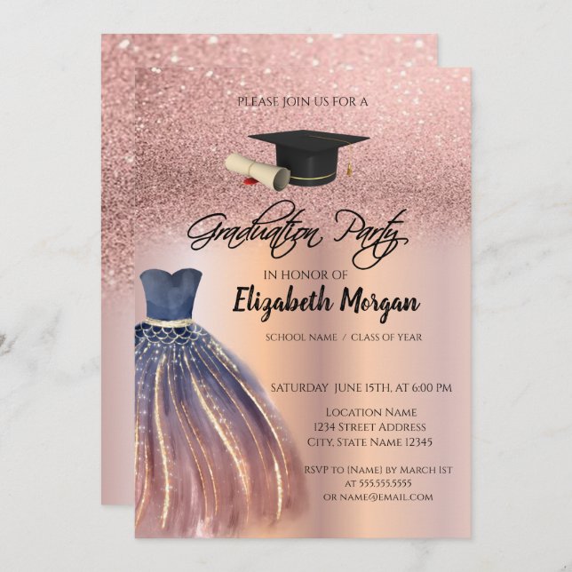 Rose Gold Glitter Chic Dress Grad Cap Graduation Invitation (Front/Back)