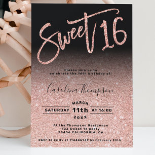 Rose gold glitter chic script black Sweet 16 photo Invitation