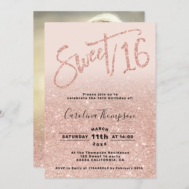 Rose gold glitter chic script blush Sweet 16 photo Invitation (Front/Back)
