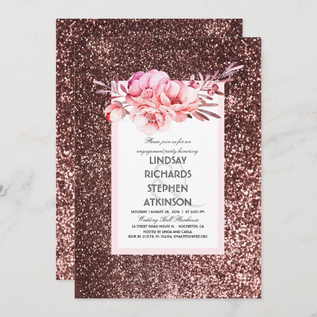 Rose Gold Glitter Chic Vintage Engagement Party Invitation (Front/Back)