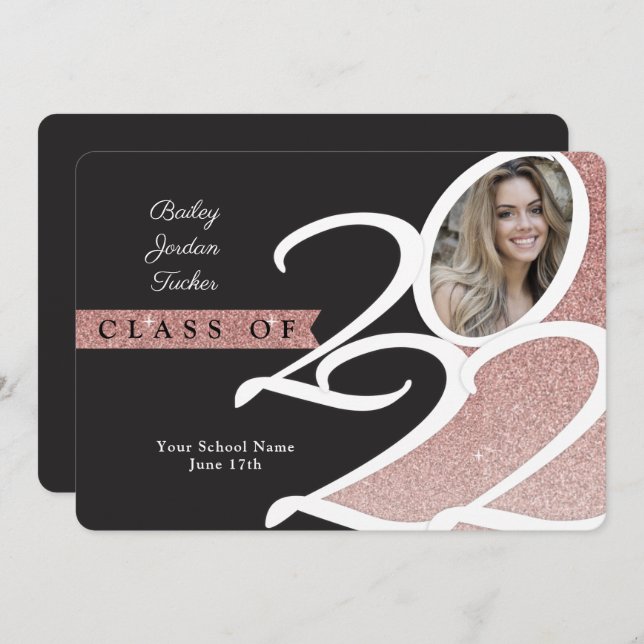 Rose Gold Glitter Class of 2022 Photo Graduation Announcement (Front/Back)