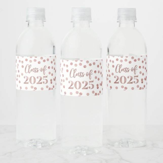 Rose Gold Glitter Class of 2025 Graduation Water Bottle Label (Bottles)