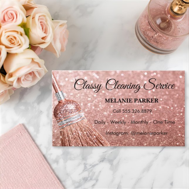 Rose Gold Glitter Classy Cleaning Services Business Card (Creator Uploaded)