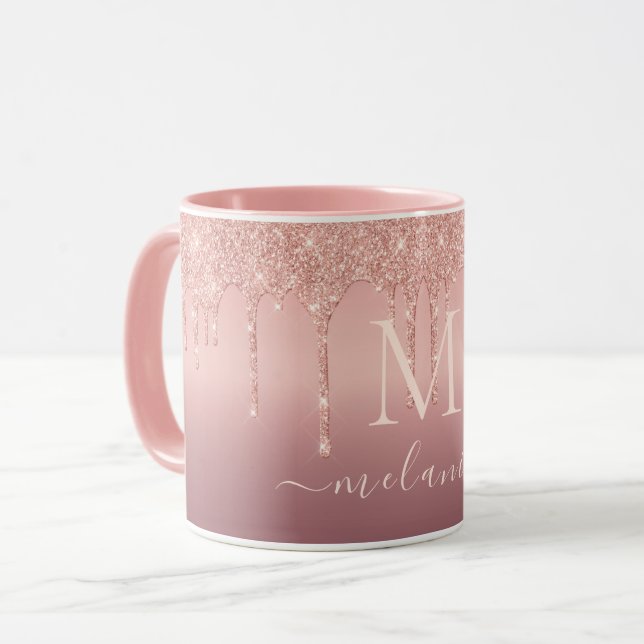 Rose Gold Glitter Coffee Mug Your Name and Letter (Front Left)