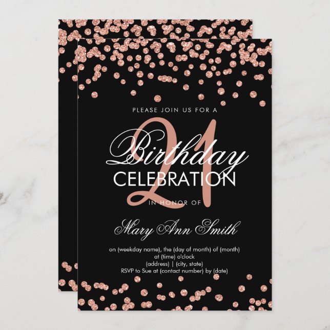 Rose Gold Glitter Confetti 21st Birthday Black Invitation (Front/Back)