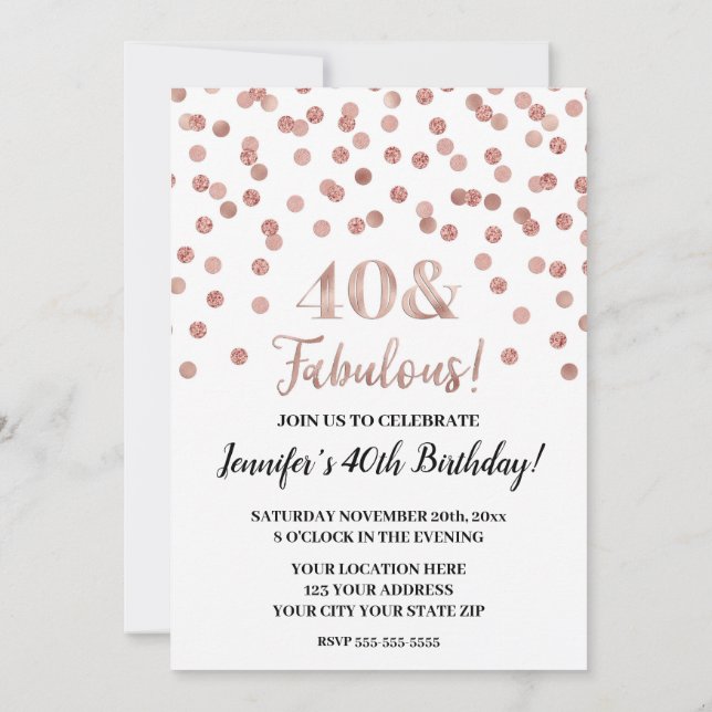 Rose Gold Glitter Confetti 40 and Fabulous Invitation (Back)