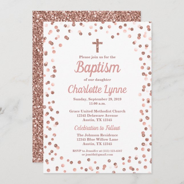 Rose Gold Glitter Confetti Baptism Invitation (Front/Back)